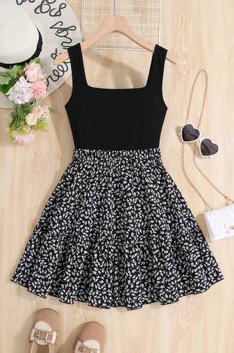 Black floral printed polyester fit & flare mini dress for women