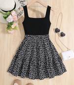 Black floral printed polyester fit & flare mini dress for women