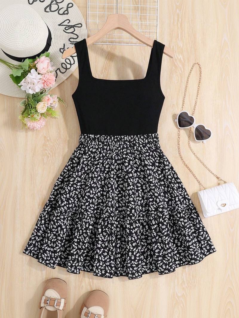 Black floral printed polyester fit & flare mini dress for women