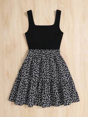 Black floral printed polyester fit & flare mini dress for women 2