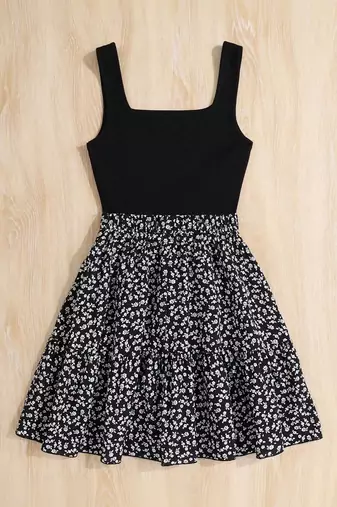 Black floral printed polyester fit & flare mini dress for women
