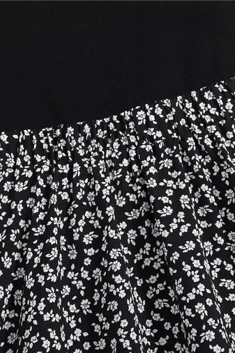 Black floral printed polyester fit & flare mini dress for women