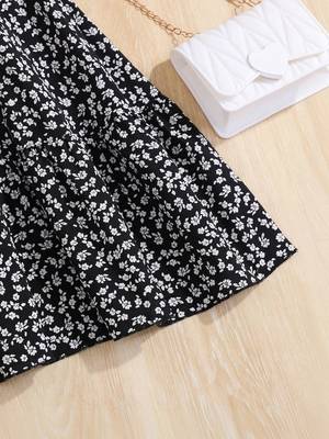Black floral printed polyester fit & flare mini dress for women 4