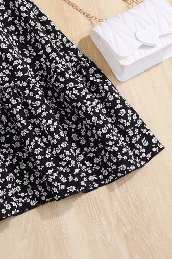 Black floral printed polyester fit & flare mini dress for women