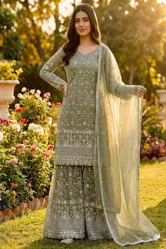 Designer pista floral zari embroidered kurta sharara set with dupatta – party & bridal wear
