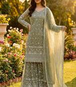 Designer pista floral zari embroidered kurta sharara set with dupatta – party & bridal wear