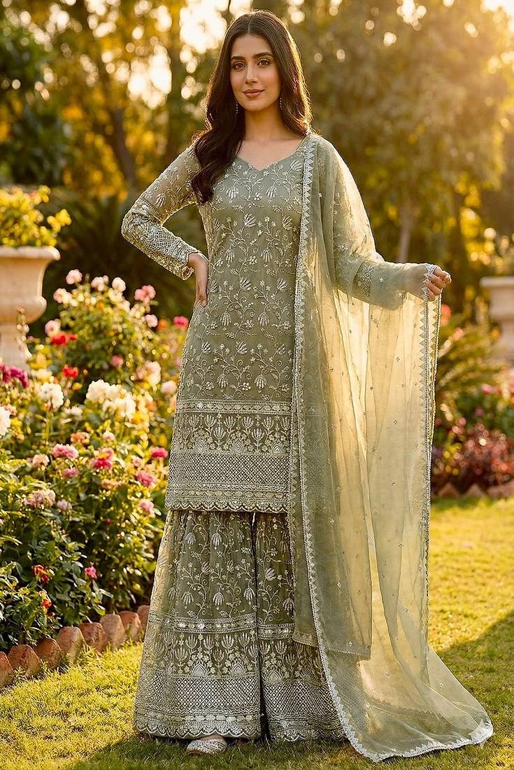 Designer pista floral zari embroidered kurta sharara set with dupatta – party & bridal wear