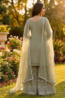 Designer pista floral zari embroidered kurta sharara set with dupatta  party & bridal wear 2