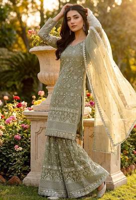 Designer pista floral zari embroidered kurta sharara set with dupatta  party & bridal wear 3