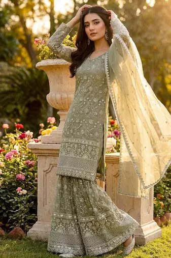 Designer pista floral zari embroidered kurta sharara set with dupatta – party & bridal wear