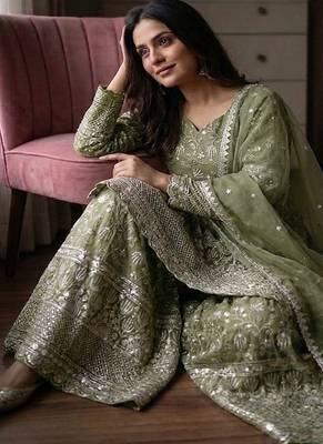 Designer pista floral zari embroidered kurta sharara set with dupatta  party & bridal wear 4