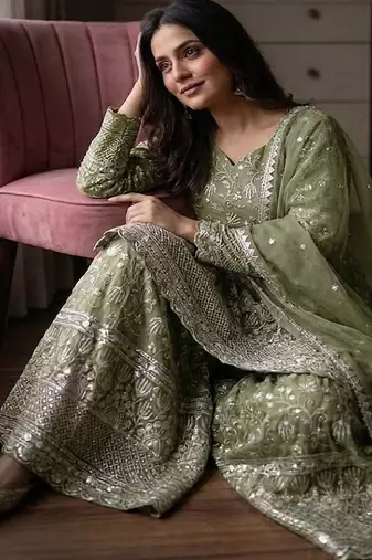 Designer pista floral zari embroidered kurta sharara set with dupatta – party & bridal wear