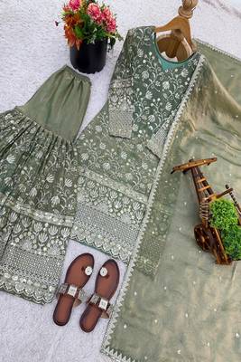 Designer pista floral zari embroidered kurta sharara set with dupatta  party & bridal wear 5