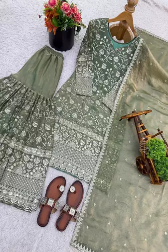 Designer pista floral zari embroidered kurta sharara set with dupatta – party & bridal wear