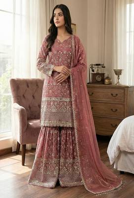 Designer pink floral zari embroidered kurta sharara set with dupatta  party & bridal wear 1