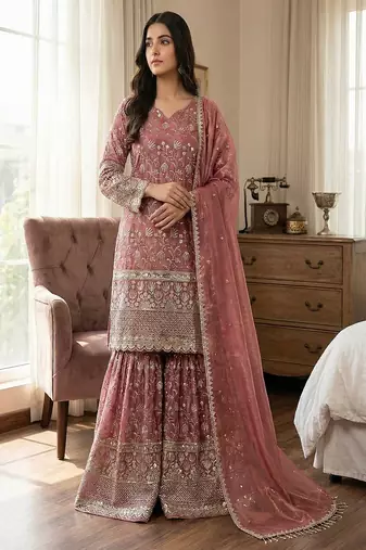 Designer pink floral zari embroidered kurta sharara set with dupatta – party & bridal wear
