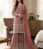 Designer pink floral zari embroidered kurta sharara set with dupatta – party & bridal wear