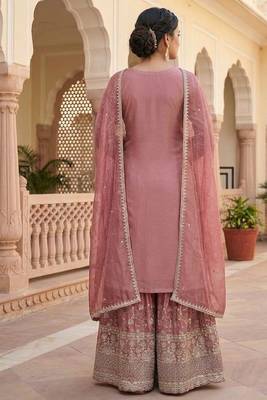 Designer pink floral zari embroidered kurta sharara set with dupatta  party & bridal wear 2