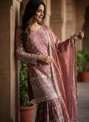 Designer pink floral zari embroidered kurta sharara set with dupatta  party & bridal wear 3