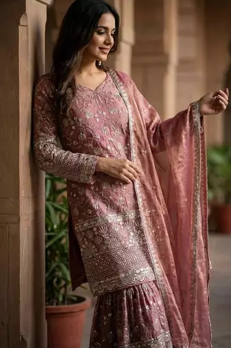 Designer pink floral zari embroidered kurta sharara set with dupatta – party & bridal wear