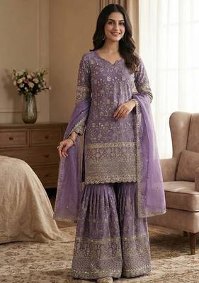 Designer lavender floral zari embroidered kurta sharara set with dupatta  party & bridal wear 1