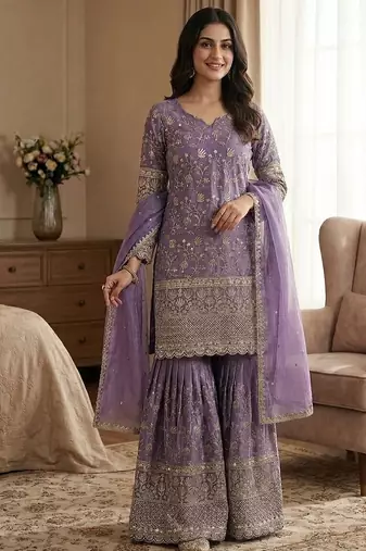 Designer lavender floral zari embroidered kurta sharara set with dupatta – party & bridal wear