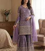Designer lavender floral zari embroidered kurta sharara set with dupatta – party & bridal wear
