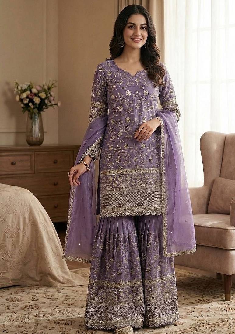 Designer lavender floral zari embroidered kurta sharara set with dupatta – party & bridal wear