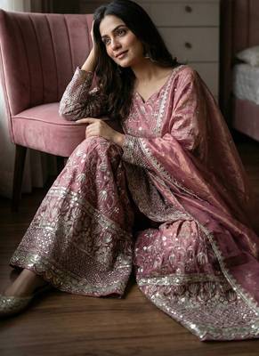 Designer pink floral zari embroidered kurta sharara set with dupatta  party & bridal wear 4