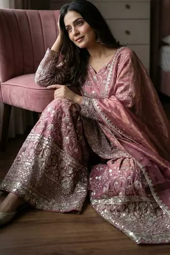 Designer pink floral zari embroidered kurta sharara set with dupatta – party & bridal wear