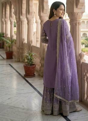 Designer lavender floral zari embroidered kurta sharara set with dupatta  party & bridal wear 2