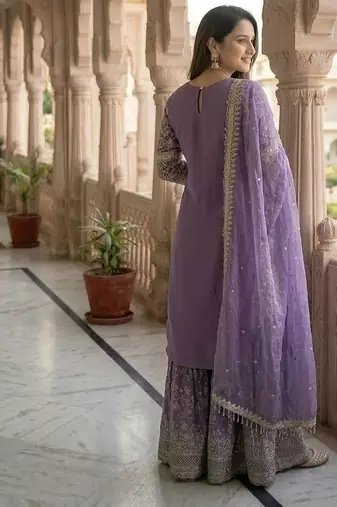 Designer lavender floral zari embroidered kurta sharara set with dupatta – party & bridal wear