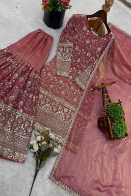 Designer pink floral zari embroidered kurta sharara set with dupatta  party & bridal wear 5