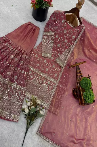 Designer pink floral zari embroidered kurta sharara set with dupatta – party & bridal wear