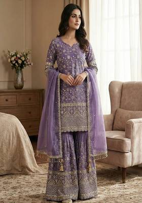Designer lavender floral zari embroidered kurta sharara set with dupatta  party & bridal wear 3
