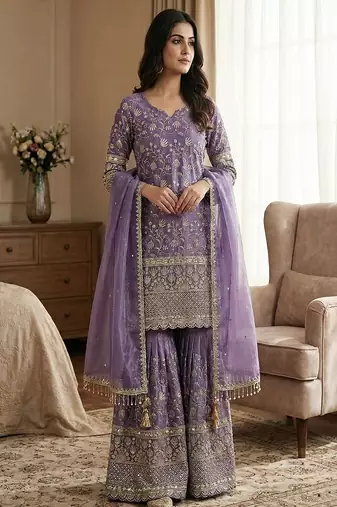 Designer lavender floral zari embroidered kurta sharara set with dupatta – party & bridal wear