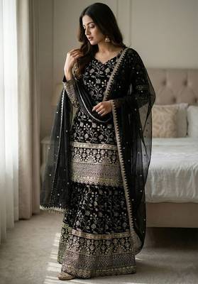 Designer black floral zari embroidered kurta sharara set with dupatta  party & bridal wear 1