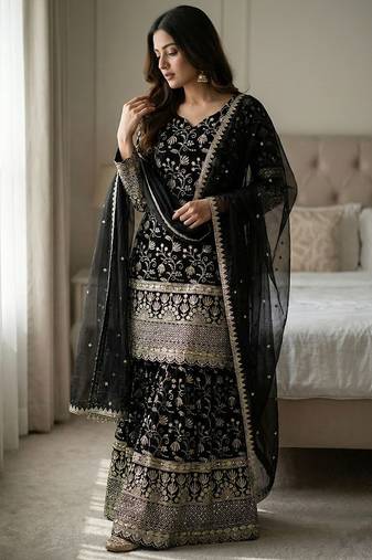 Designer black floral zari embroidered kurta sharara set with dupatta – party & bridal wear
