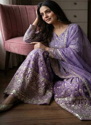 Designer lavender floral zari embroidered kurta sharara set with dupatta  party & bridal wear 4