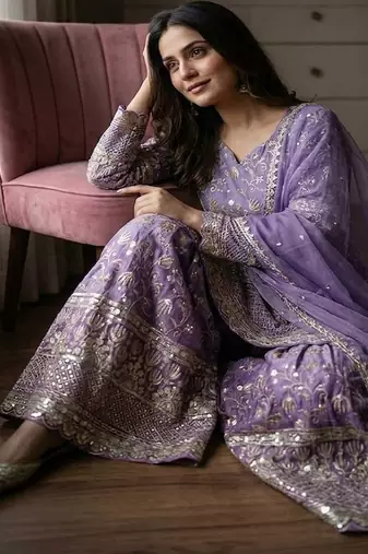 Designer lavender floral zari embroidered kurta sharara set with dupatta – party & bridal wear