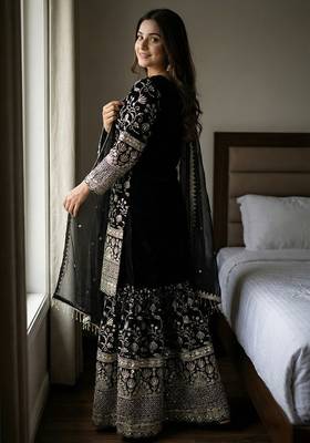 Designer black floral zari embroidered kurta sharara set with dupatta  party & bridal wear 2