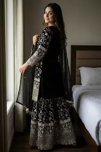 Designer black floral zari embroidered kurta sharara set with dupatta – party & bridal wear