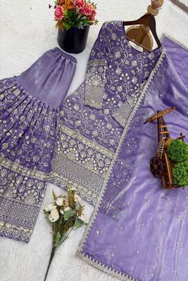 Designer lavender floral zari embroidered kurta sharara set with dupatta  party & bridal wear 5