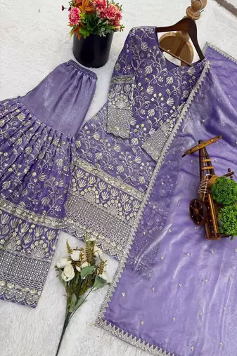 Designer lavender floral zari embroidered kurta sharara set with dupatta – party & bridal wear