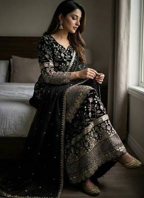 Designer black floral zari embroidered kurta sharara set with dupatta  party & bridal wear 3