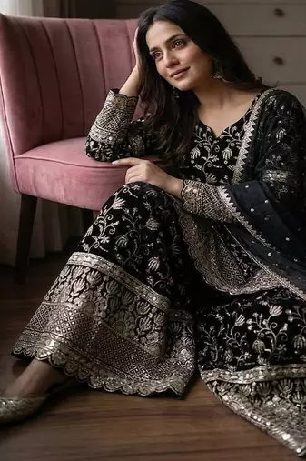 Designer black floral zari embroidered kurta sharara set with dupatta – party & bridal wear