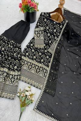 Designer black floral zari embroidered kurta sharara set with dupatta  party & bridal wear 5
