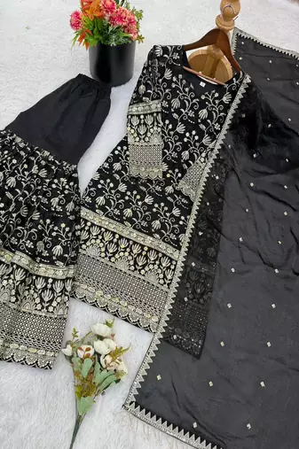 Designer black floral zari embroidered kurta sharara set with dupatta – party & bridal wear