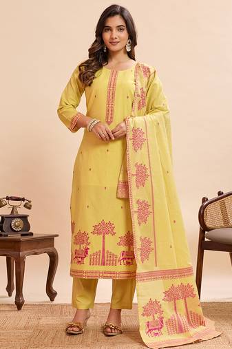 Vibrant yellow pure cotton jacquard kurta set with printed dupatta