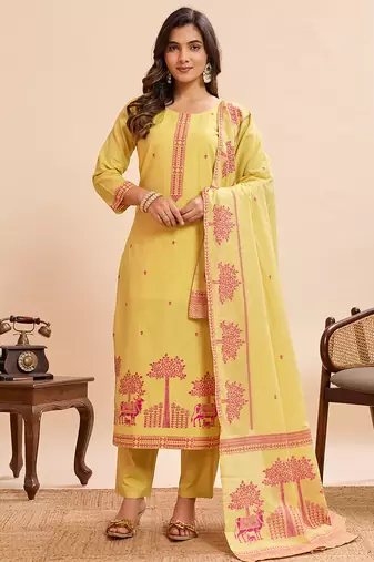 Vibrant yellow pure cotton jacquard kurta set with printed dupatta